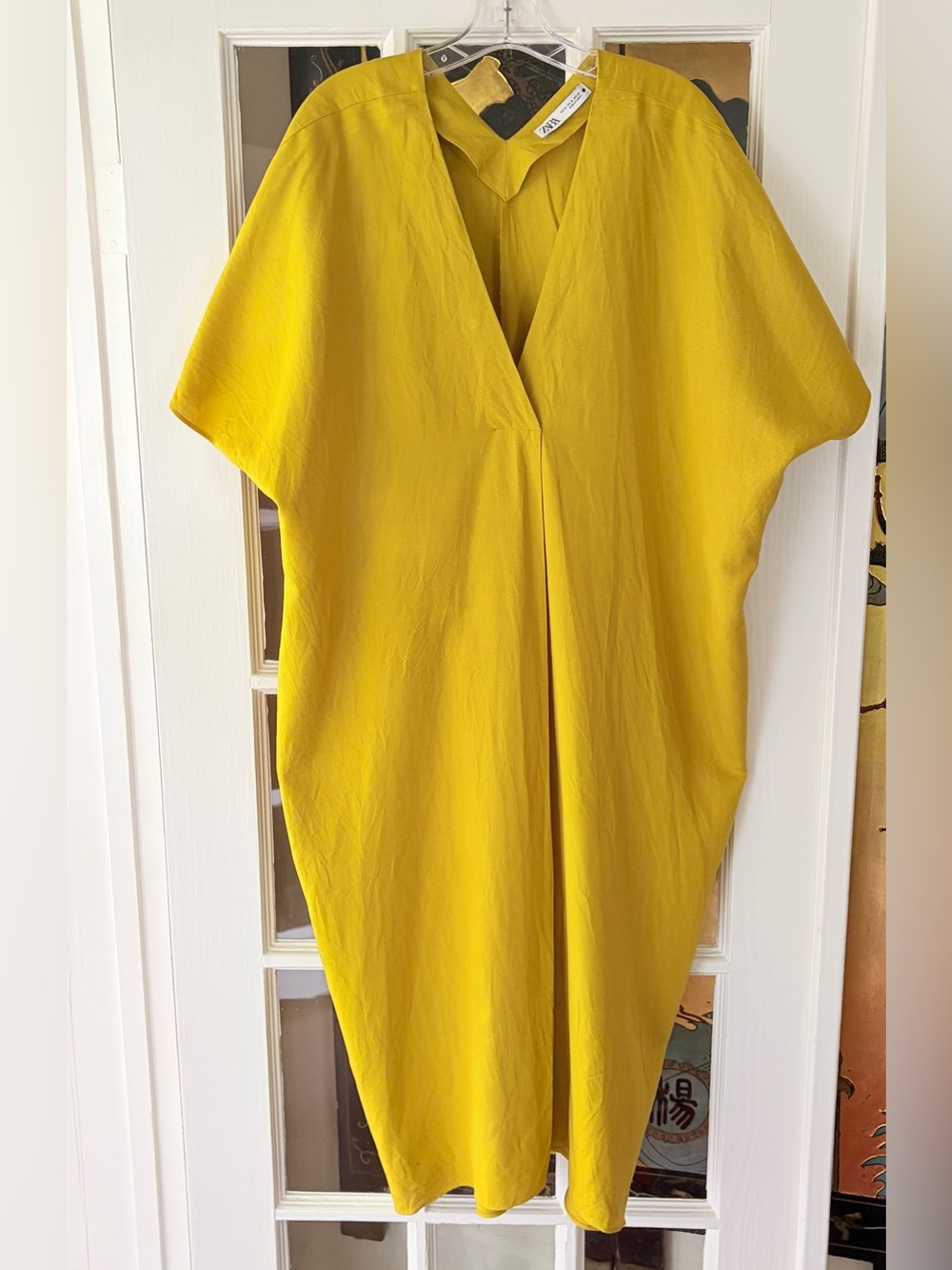 ZARA Chartreuse Yellow Mustard V-Neck Kaftan Dress Oversized Relaxed Midi SZ XL